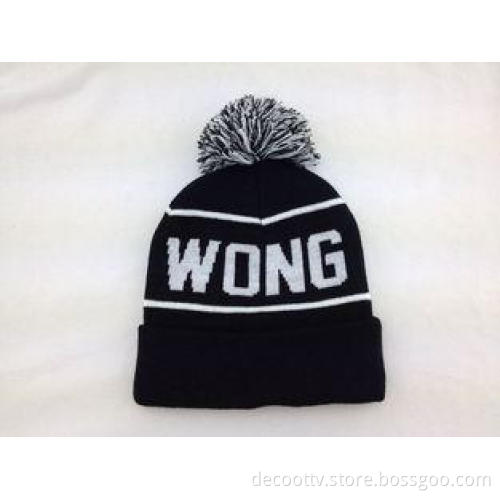 Black Cuffed Knitted Beanie Hats with Pom Pom Ball Top and